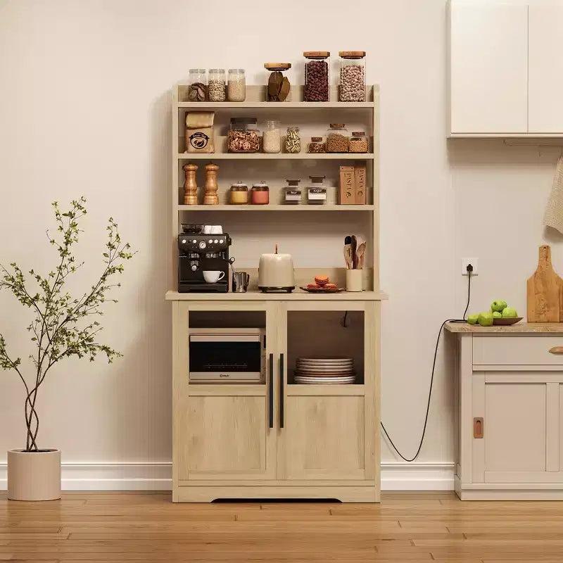 Scaffale da Panettiere in Stile Rustico, Credenza in Legno Rustico con Sportello in Vetro, Armadietto, Organizer per Dispensa da Cucina, Supporto per Microonde