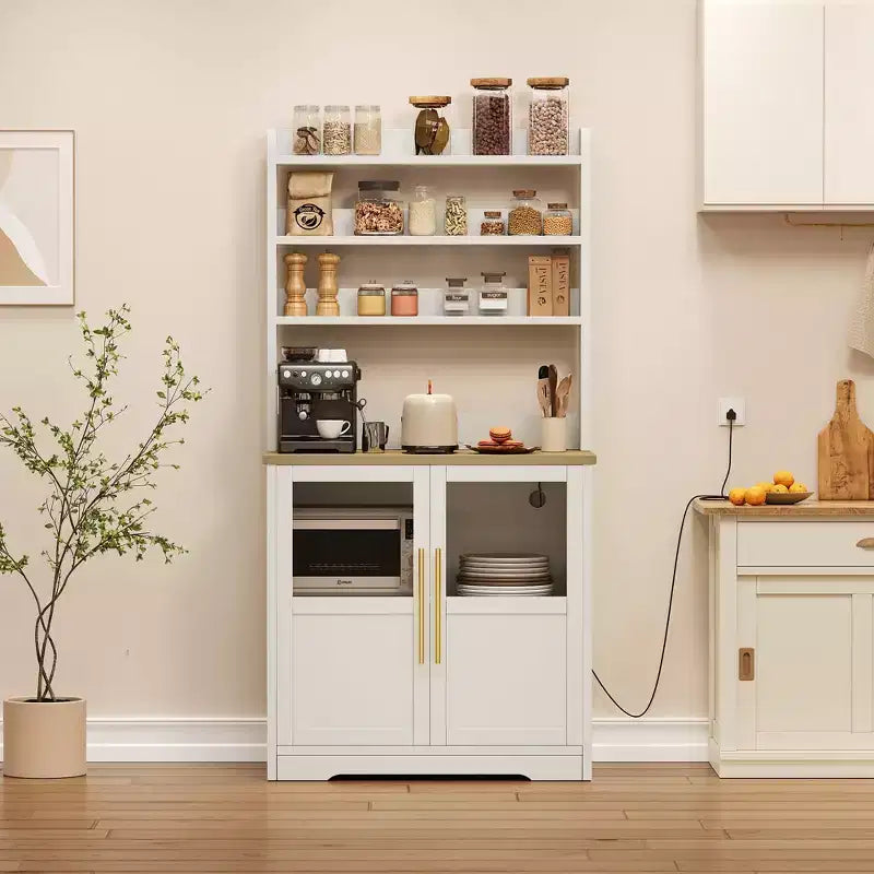 Scaffale da Panettiere in Stile Rustico, Credenza in Legno Rustico con Sportello in Vetro, Armadietto, Organizer per Dispensa da Cucina, Supporto per Microonde