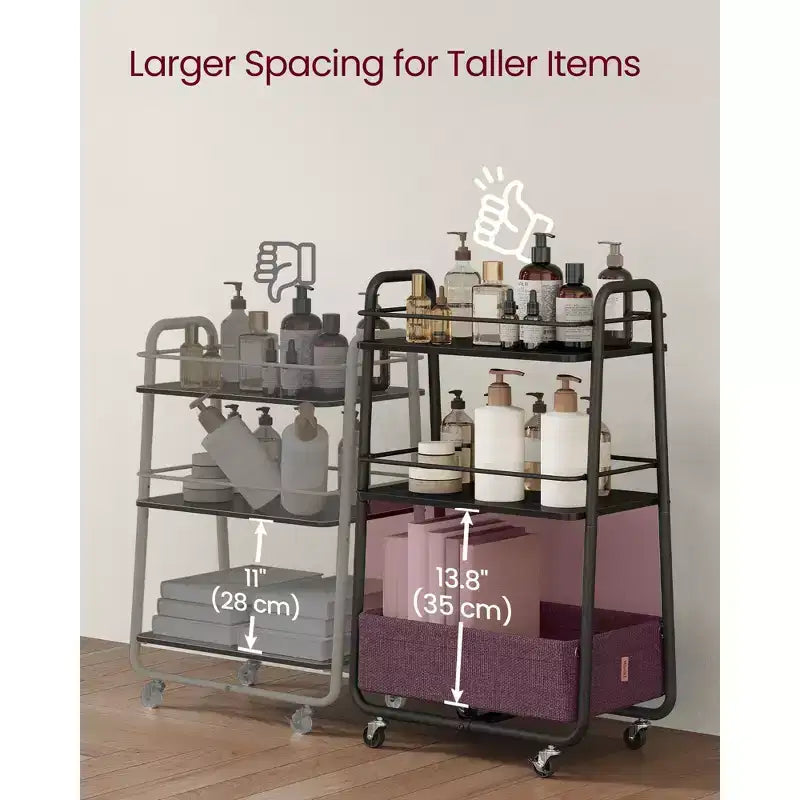 VASAGLE Collezione LILEA - Carrello Contenitore con Cesto in Tessuto, Carrello di Servizio a 3 Livelli con Ruote e Ripiani