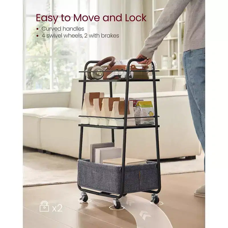 VASAGLE Collezione LILEA - Carrello Contenitore con Cesto in Tessuto, Carrello di Servizio a 3 Livelli con Ruote e Ripiani