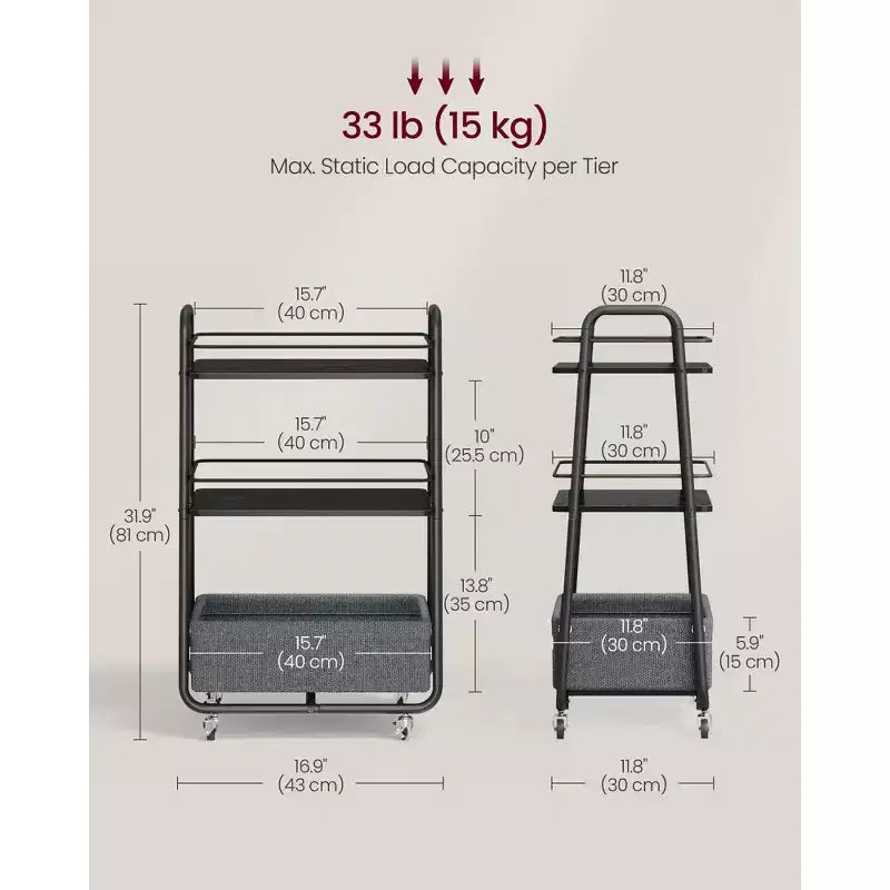 VASAGLE Collezione LILEA - Carrello Contenitore con Cesto in Tessuto, Carrello di Servizio a 3 Livelli con Ruote e Ripiani