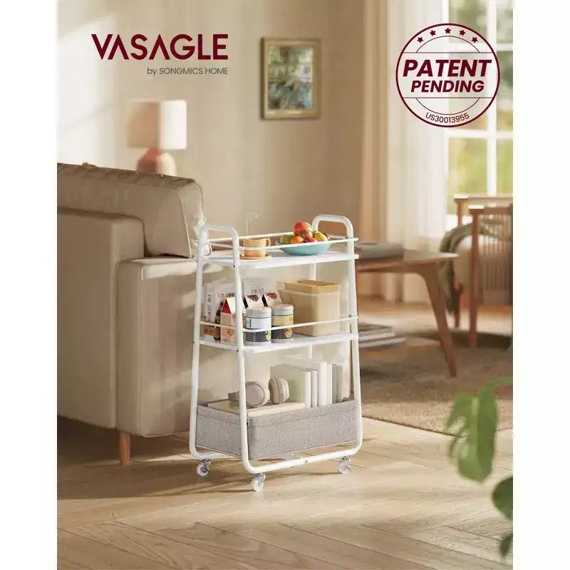 VASAGLE Collezione LILEA - Carrello Contenitore con Cesto in Tessuto, Carrello di Servizio a 3 Livelli con Ruote e Ripiani