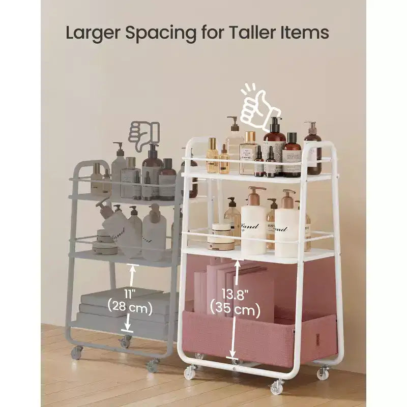 VASAGLE Collezione LILEA - Carrello Contenitore con Cesto in Tessuto, Carrello di Servizio a 3 Livelli con Ruote e Ripiani