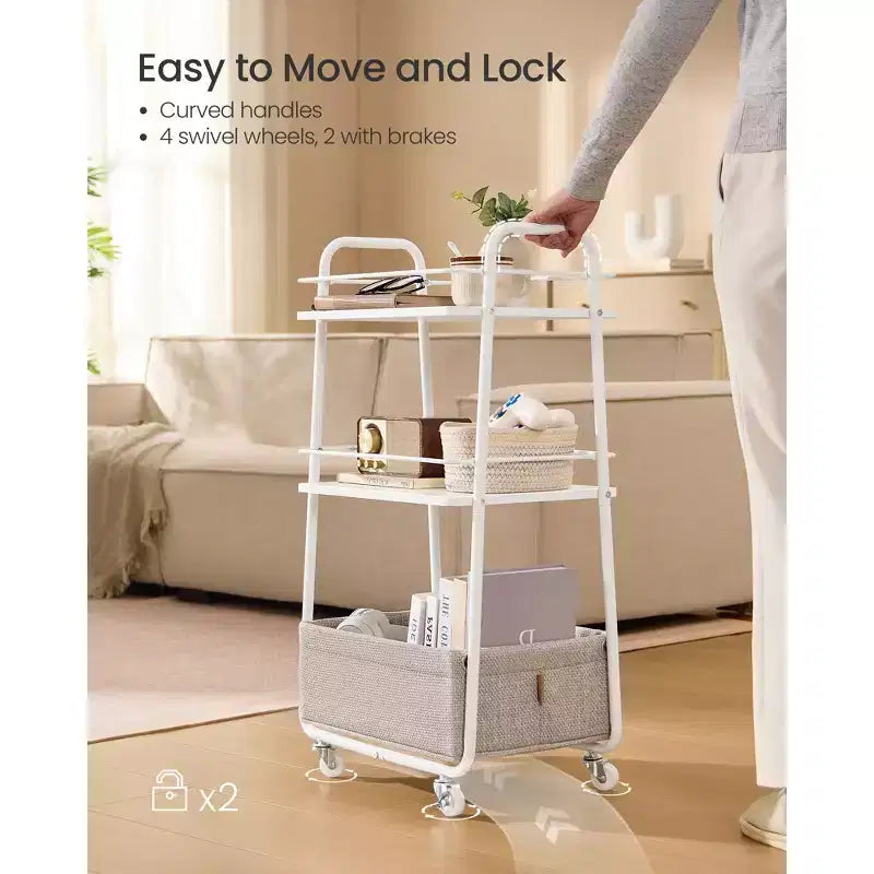 VASAGLE Collezione LILEA - Carrello Contenitore con Cesto in Tessuto, Carrello di Servizio a 3 Livelli con Ruote e Ripiani
