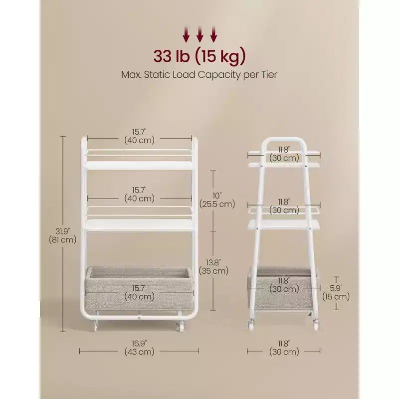 VASAGLE Collezione LILEA - Carrello Contenitore con Cesto in Tessuto, Carrello di Servizio a 3 Livelli con Ruote e Ripiani