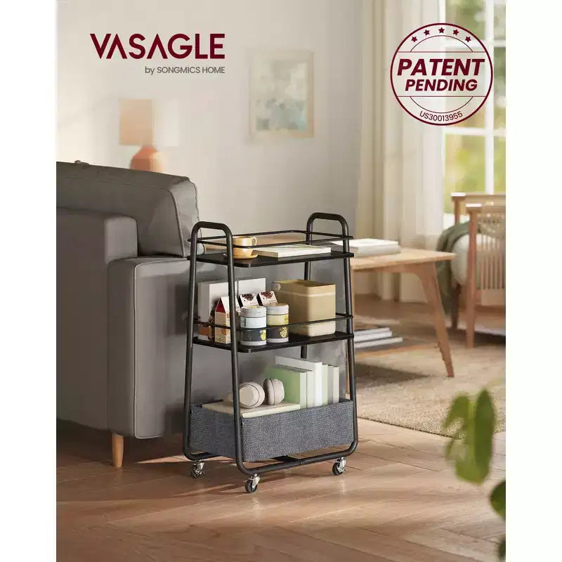 VASAGLE Collezione LILEA - Carrello Contenitore con Cesto in Tessuto, Carrello di Servizio a 3 Livelli con Ruote e Ripiani