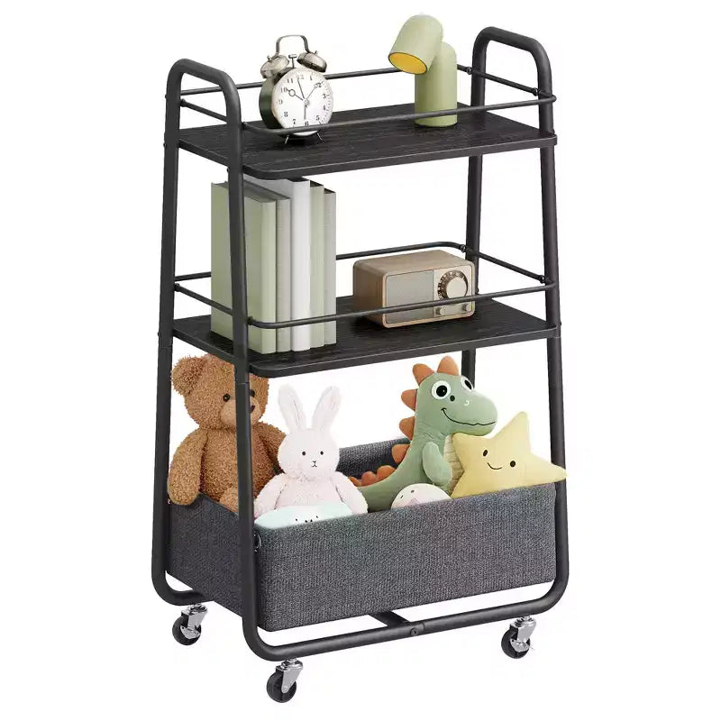 VASAGLE Collezione LILEA - Carrello Contenitore con Cesto in Tessuto, Carrello di Servizio a 3 Livelli con Ruote e Ripiani