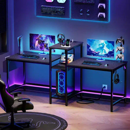 71 Inch Black Two Person Gaming Desk with LED Lights Double Computer Desk Monitor Stand Storage Shelves Headphone Hook Home Office Workstation