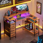 47 Inch Brown L Shaped Computer Desk with Charging Station Reversible Gaming Desk LED Lights File Cabinet Monitor Stand Storage Shelves Home Office
