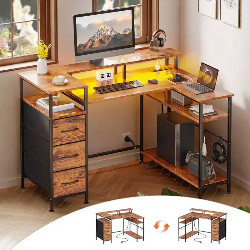Scrivania per computer a L marrone da 47 pollici con stazione di ricarica Scrivania da gaming reversibile Luci LED Cassettiera Porta monitor Scaffali contenitori per Home Office