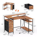 Scrivania per computer a L marrone da 47 pollici con stazione di ricarica Scrivania da gaming reversibile Luci LED Cassettiera Porta monitor Scaffali contenitori per Home Office