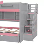 Letto a castello full over full Luxystar con scale contenitore, libreria illuminata regolabile e letto estraibile a scomparsa