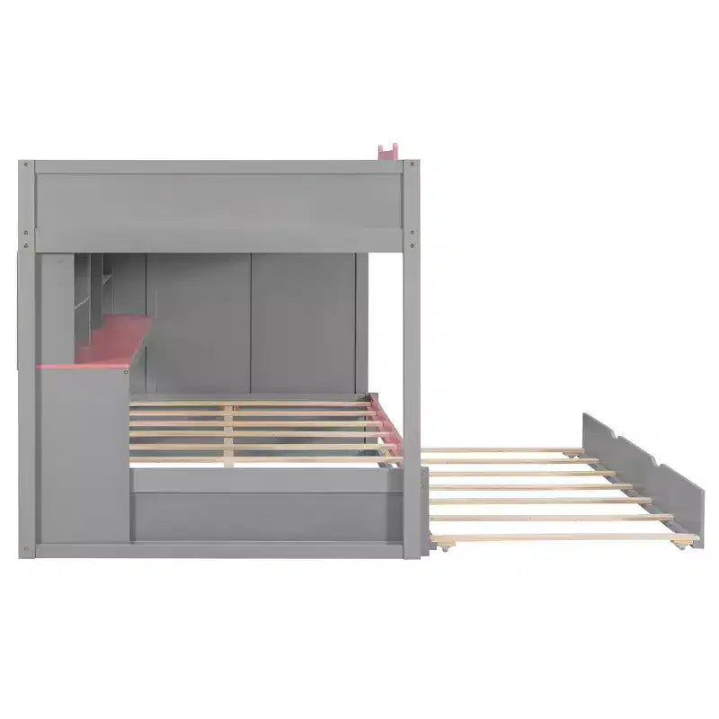 Letto a castello full over full Luxystar con scale contenitore, libreria illuminata regolabile e letto estraibile a scomparsa