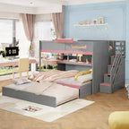 Letto a castello full over full Luxystar con scale contenitore, libreria illuminata regolabile e letto estraibile a scomparsa