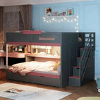 Letto a castello full over full Luxystar con scale contenitore, libreria illuminata regolabile e letto estraibile a scomparsa