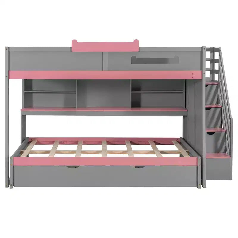 Letto a castello full over full Luxystar con scale contenitore, libreria illuminata regolabile e letto estraibile a scomparsa