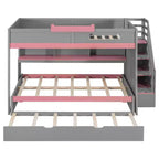 Letto a castello full over full Luxystar con scale contenitore, libreria illuminata regolabile e letto estraibile a scomparsa