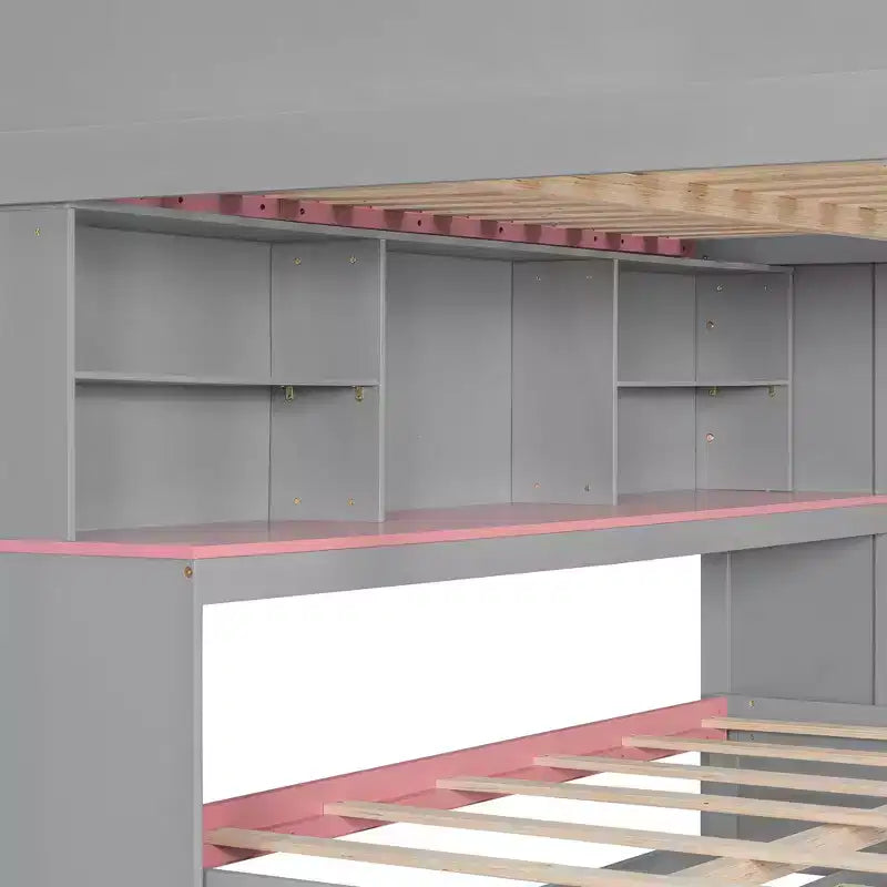 Letto a castello full over full Luxystar con scale contenitore, libreria illuminata regolabile e letto estraibile a scomparsa