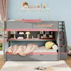 Luxystar Full Over Full Bunk Bed With Storage Stairs, Adjustable Lighted Bookcase and Trundle