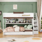 Letto a castello full over full Luxystar con scale contenitore, libreria illuminata regolabile e letto estraibile a scomparsa