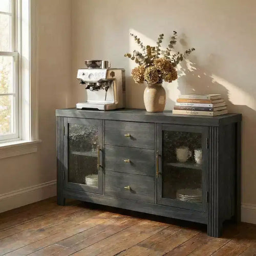 54.4 Buffet Bahut, Meuble de Rangement d'Appoint avec 2 Portes Vitrées et 3 Tiroirs, Table de Bar à Café, Meuble TV pour Salon, Cuisine, Salle à Manger