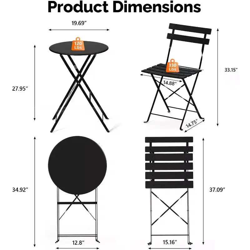 Set bistrot pieghevole da esterno VINGLI con 2 sedie e tavolo, set bistrot da 3 pezzi con struttura in acciaio di alta qualità per patio, balcone, giardino