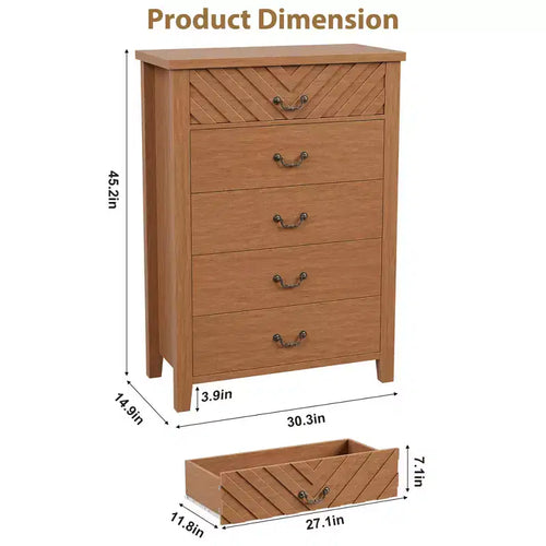 Cassettiera a 5 cassetti per camera da letto, cassettiera alta 114 cm con design a V, comodino moderno in legno per soggiorno, ingresso, cameretta