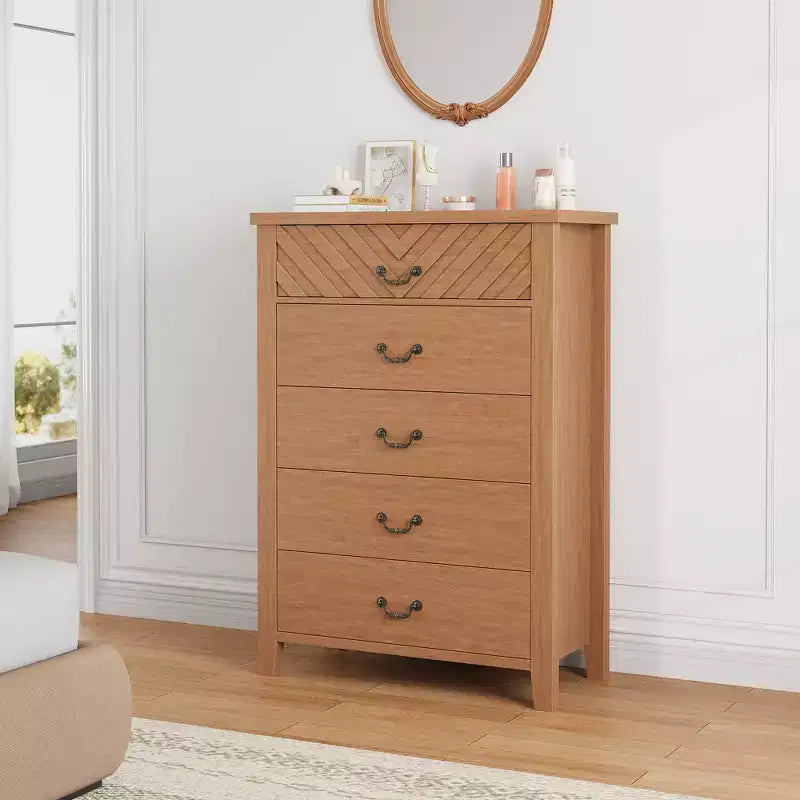 Cassettiera a 5 cassetti per camera da letto, cassettiera alta 114 cm con design a V, comodino moderno in legno per soggiorno, ingresso, cameretta