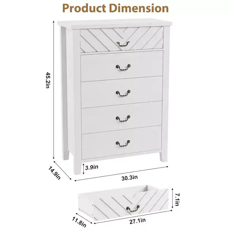 Cassettiera a 5 cassetti per camera da letto, cassettiera alta 114 cm con design a V, comodino moderno in legno per soggiorno, ingresso, cameretta
