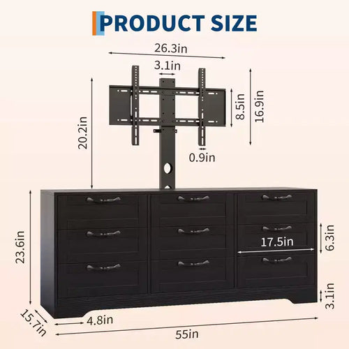 Meuble TV commode 55 po - Support (TV de 32 à 85 po), 9 tiroirs, centre de divertissement moderne en bois pour salon, chambre, appartement