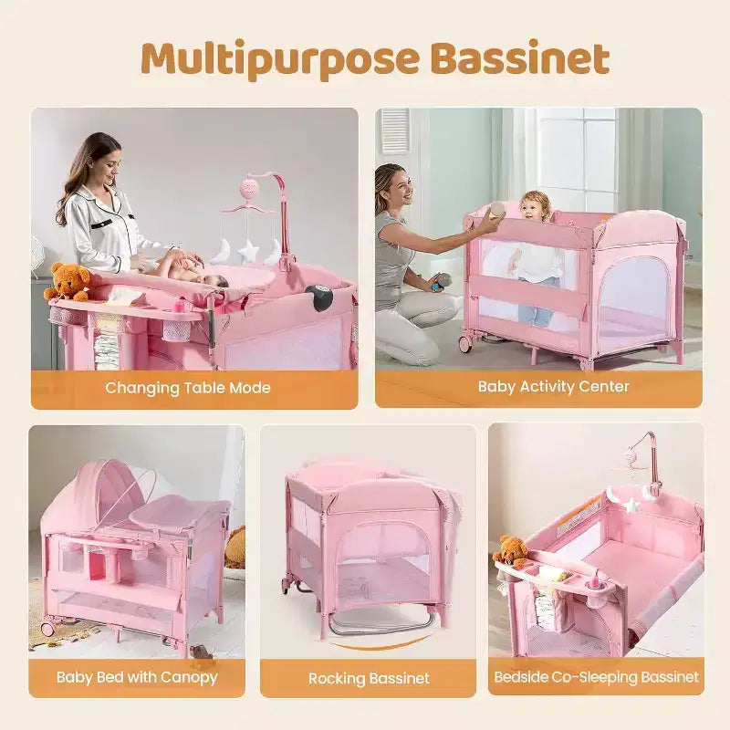 JOYMOR Lit de chevet 9 en 1 avec table à langer, parc pour bébé avec berceau, convertible en lit bébé à bascule avec centre musical électrique