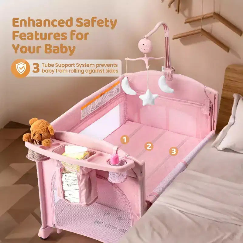 JOYMOR Lit de chevet 9 en 1 avec table à langer, parc pour bébé avec berceau, convertible en lit bébé à bascule avec centre musical électrique