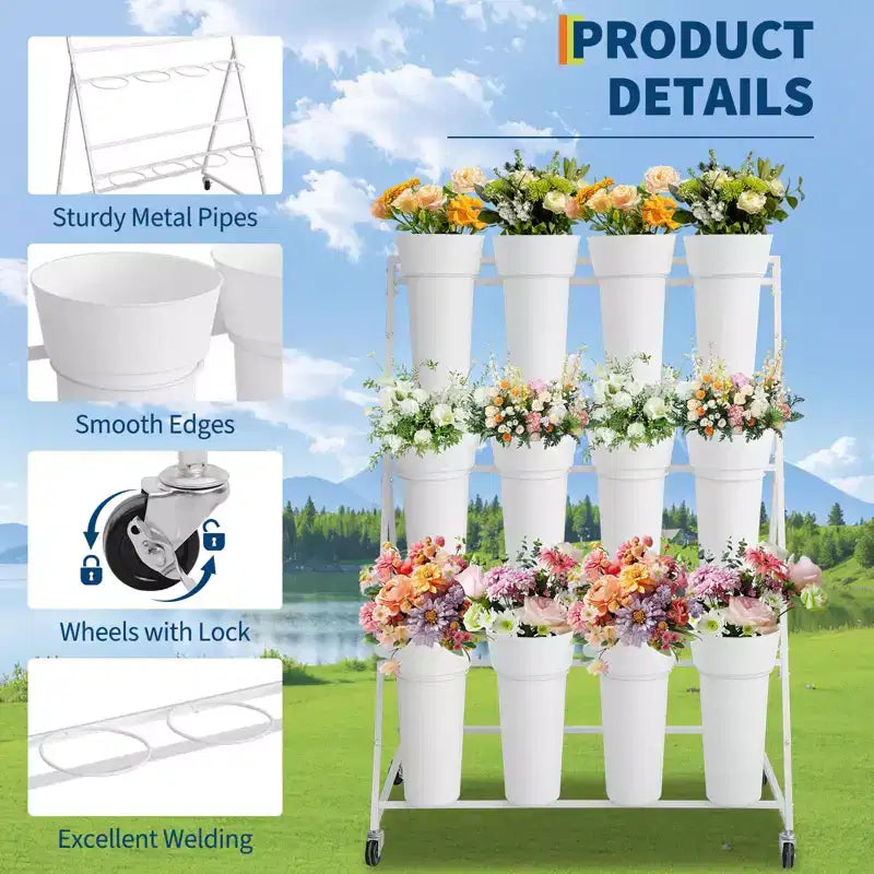 Coolmee Espositore per Fiori, Carretto per Fiori a 3 Livelli con 12 Secchi Rotondi e Ruote, Espositore Mobile per Fiori per Giardino, Matrimoni, Fiorai