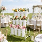 Coolmee Espositore per Fiori, Carretto per Fiori a 3 Livelli con 12 Secchi Rotondi e Ruote, Espositore Mobile per Fiori per Giardino, Matrimoni, Fiorai