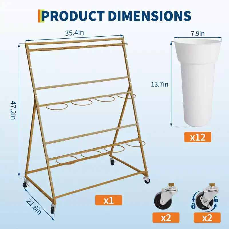 Coolmee Espositore per Fiori, Carretto per Fiori a 3 Livelli con 12 Secchi Rotondi e Ruote, Espositore Mobile per Fiori per Giardino, Matrimoni, Fiorai