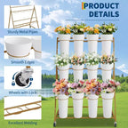 Coolmee Espositore per Fiori, Carretto per Fiori a 3 Livelli con 12 Secchi Rotondi e Ruote, Espositore Mobile per Fiori per Giardino, Matrimoni, Fiorai