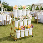 Coolmee Espositore per Fiori, Carretto per Fiori a 3 Livelli con 12 Secchi Rotondi e Ruote, Espositore Mobile per Fiori per Giardino, Matrimoni, Fiorai