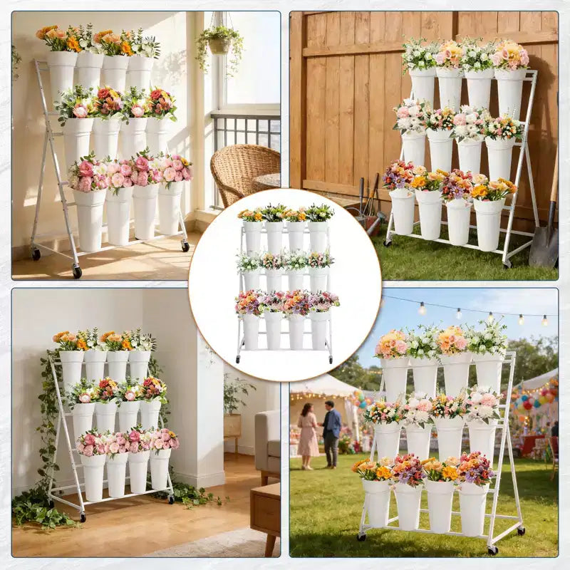 Coolmee Espositore per Fiori, Carretto per Fiori a 3 Livelli con 12 Secchi Rotondi e Ruote, Espositore Mobile per Fiori per Giardino, Matrimoni, Fiorai