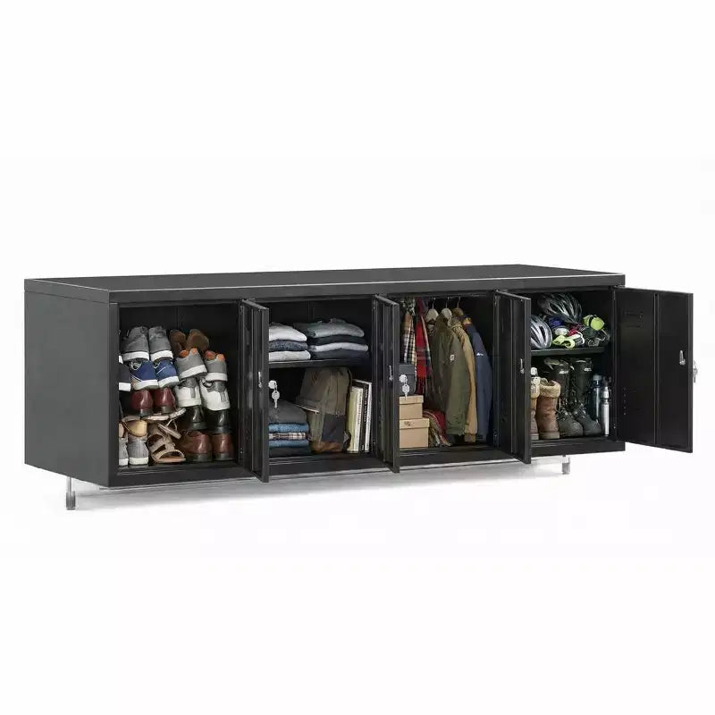 Armadietto metallico a 4 ante con serrature individuali, organizer in acciaio montabile a parete per dipendenti, palestra, scuola, ufficio, nero