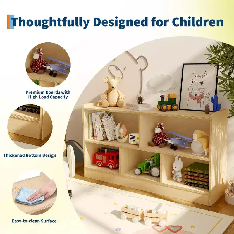 Scaffale in legno a 5 sezioni su 2 livelli, libreria a giorno per bambini con organizer per giocattoli per sala giochi, asilo nido, aula scolastica, scuola materna