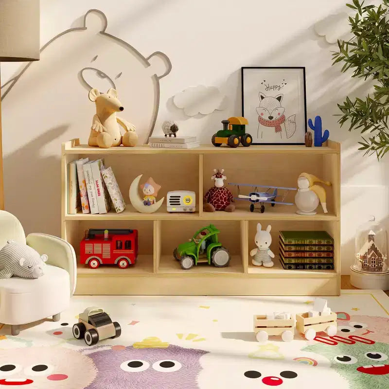 Wooden 5-Section 2-Tier Bookshelf, Open Shelving Kids Bookcase with Toy Storage Organizer for Playroom Nursery Classroom Kindergarten