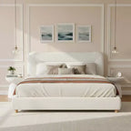 Struttura Letto a Piattaforma Minimalista Queen/King Size con Morbida Testiera Imbottita, Design Curvo, Bianco Crema - ModernLuxe
