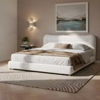 Struttura Letto a Piattaforma Minimalista Queen/King Size con Morbida Testiera Imbottita, Design Curvo, Bianco Crema - ModernLuxe