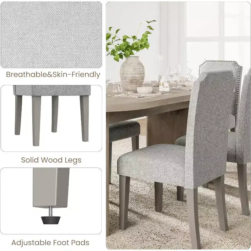 Lot de 2 chaises de salle à manger rembourrées à dossier haut avec pieds en bois, chaise d'appoint moderne en tissu avec garniture cloutée, pour salle à manger et cuisine