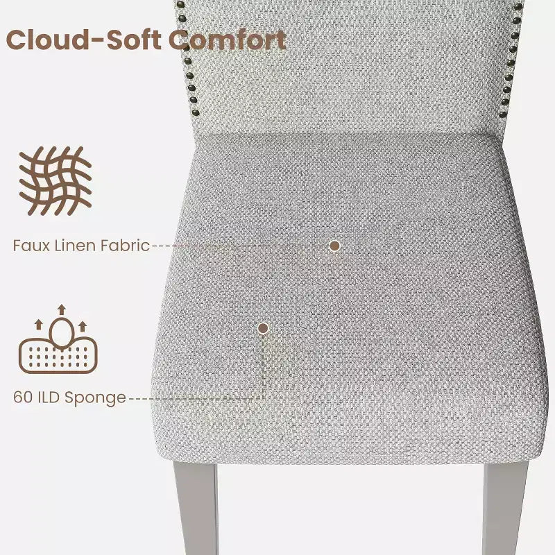 Lot de 2 chaises de salle à manger rembourrées à dossier haut avec pieds en bois, chaise d'appoint moderne en tissu avec garniture cloutée, pour salle à manger et cuisine