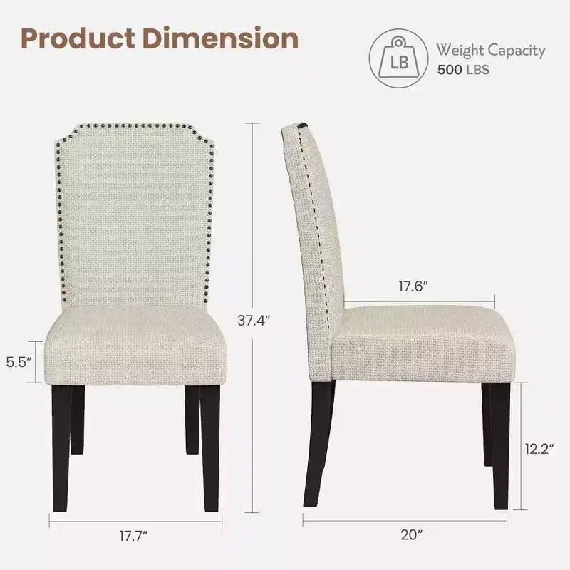 Lot de 2 chaises de salle à manger rembourrées à dossier haut avec pieds en bois, chaise d'appoint moderne en tissu avec garniture cloutée, pour salle à manger et cuisine