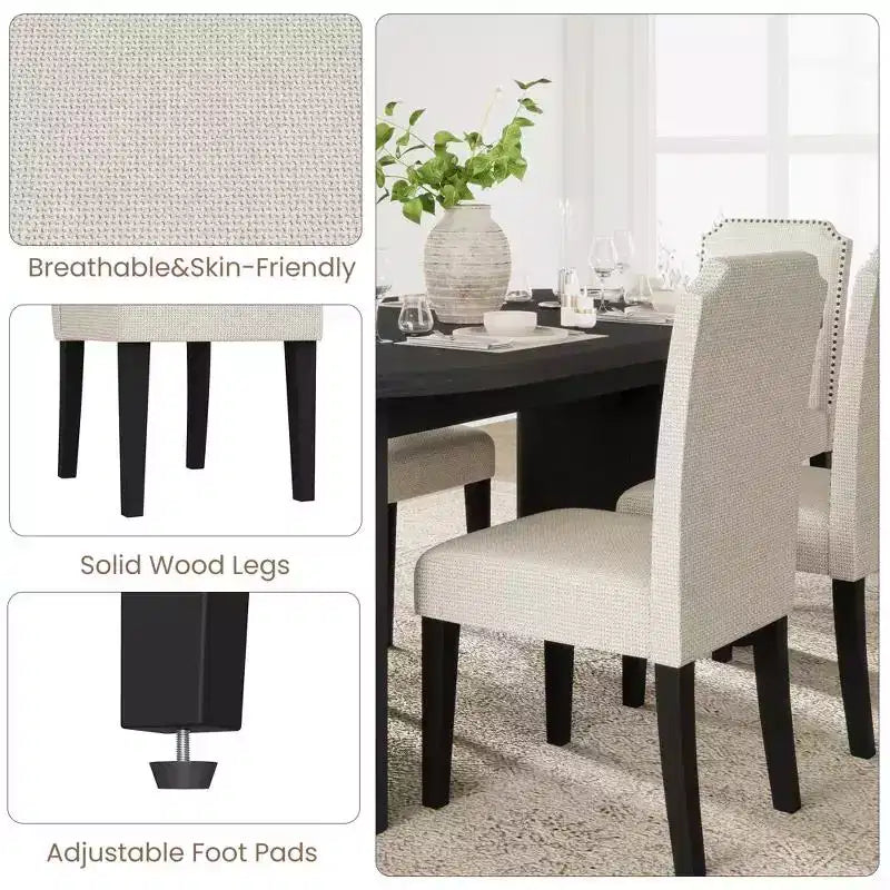 Lot de 2 chaises de salle à manger rembourrées à dossier haut avec pieds en bois, chaise d'appoint moderne en tissu avec garniture cloutée, pour salle à manger et cuisine