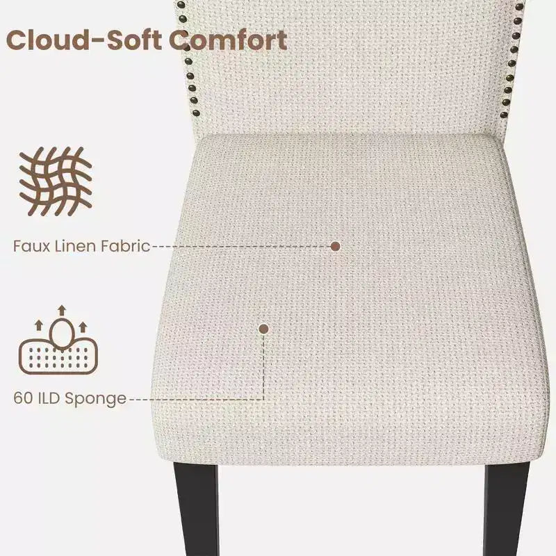 Lot de 2 chaises de salle à manger rembourrées à dossier haut avec pieds en bois, chaise d'appoint moderne en tissu avec garniture cloutée, pour salle à manger et cuisine
