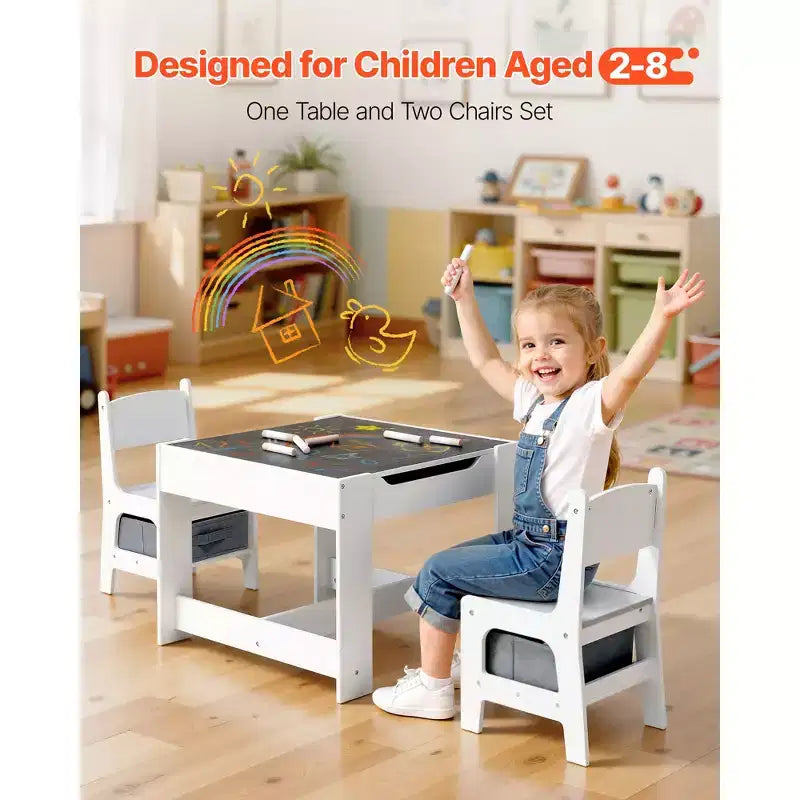 Set Tavolo e 2 Sedie per Bambini VEVOR, Set Tavolo e Sedie per Bambini con Spazio Contenitore Sotto il Tavolo, Scatola Contenitore in Tessuto Sotto le Sedie, Bianco