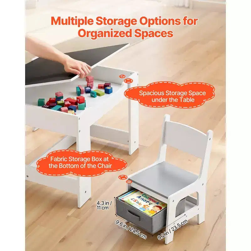 Set Tavolo e 2 Sedie per Bambini VEVOR, Set Tavolo e Sedie per Bambini con Spazio Contenitore Sotto il Tavolo, Scatola Contenitore in Tessuto Sotto le Sedie, Bianco